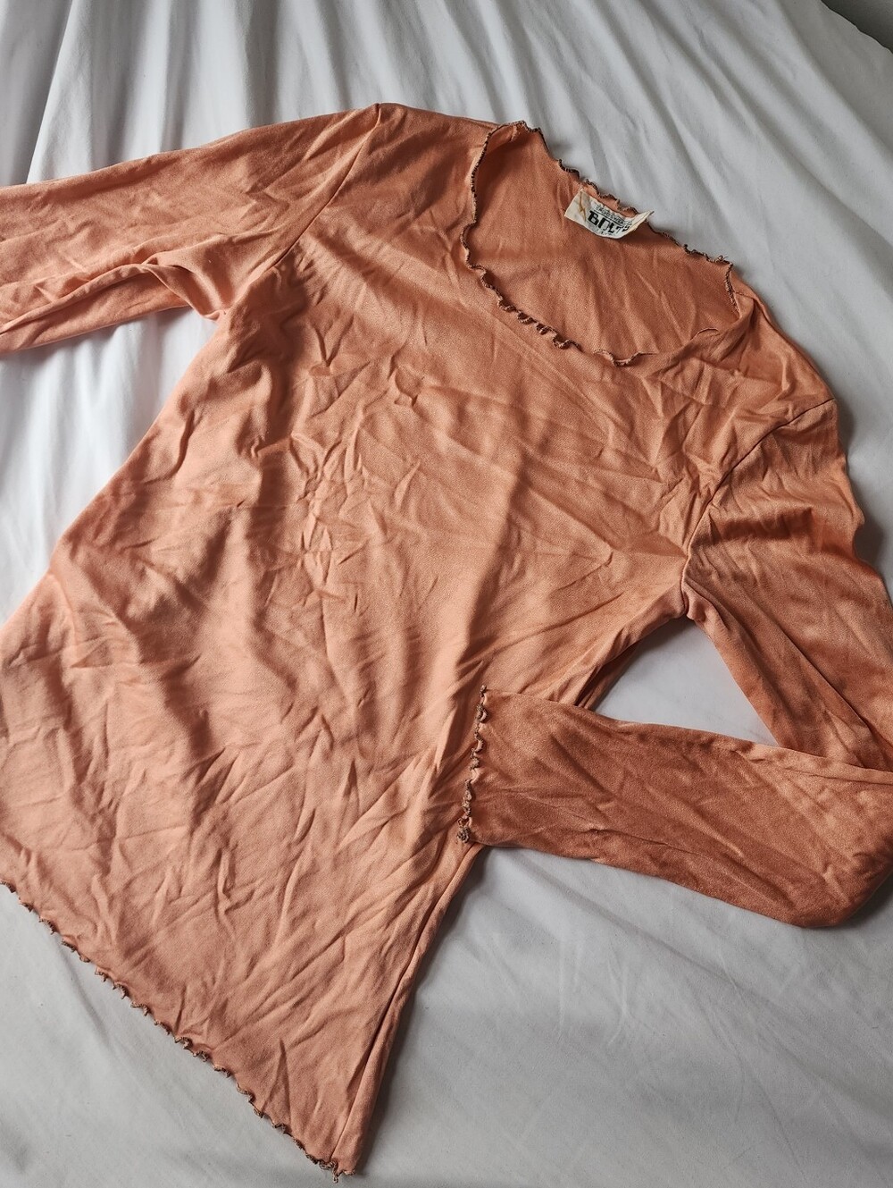 Vintage 1960s Salmon Pink Long Sleeve Top Size Small Deadstock Y2K Lettuce Edge